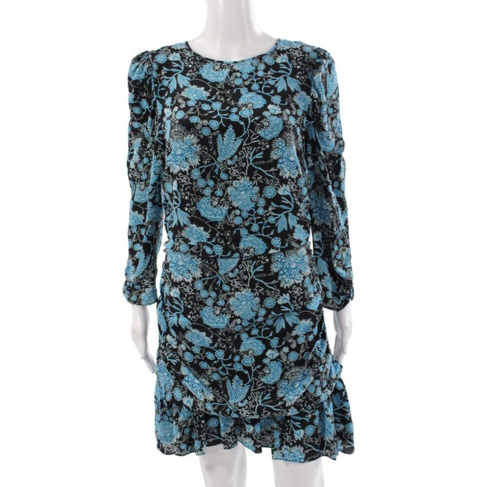 Tanya Taylor Women Mini Floral Silk Dress Long Sleeve Round Neck Black Size 10